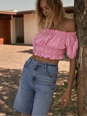 Zara Pink Off Shoulder Short Puff Sleeve Ruffle Scrunch Crop Top Medium